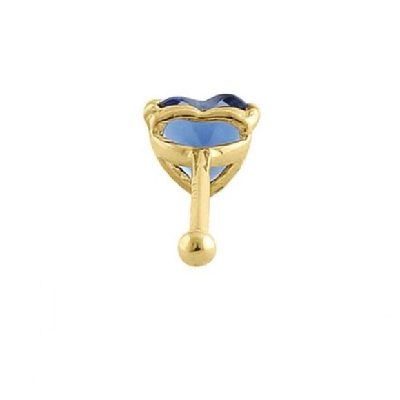 Solid 14K Yellow Gold Blue Sapphire Heart CZ Straight Nose Stud - Picture 4 of 4